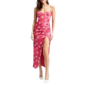 BARDOT Amika Floral Satin Midi Dress Side Slit Sweetheart Ties Hot Pink 10 NWT